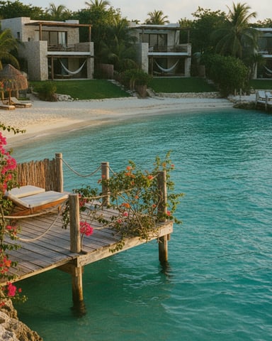 Wooden dock with lounge chair and flowering vines overlooking turquoise water, modern beachfront villas with palm trees behind