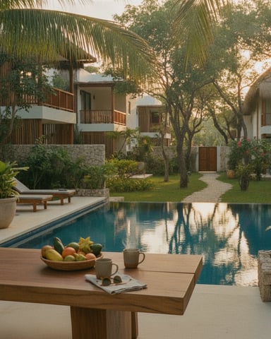 Tropical resort courtyard with swimming pool, white and wood bungalows, palm trees, and dining table with fruit basket