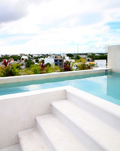 Rooftop pool with turquoise water, white steps, tropical plants, and city skyline view