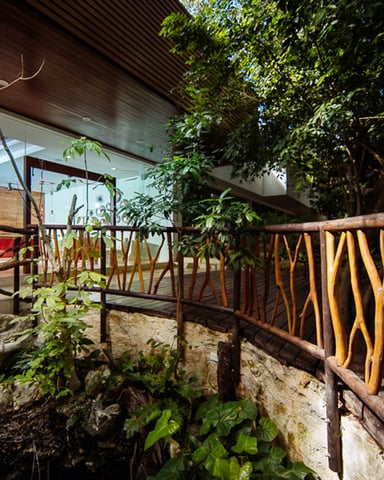 Modern house exterior with wooden branch railings, sandy ground, lush vegetation, and red hammock on covered patio