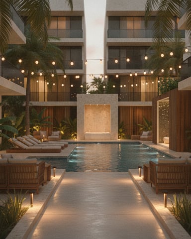 Courtyard with central swimming pool, palm trees, lounge chairs, string lights, and modern residential buildings at dusk